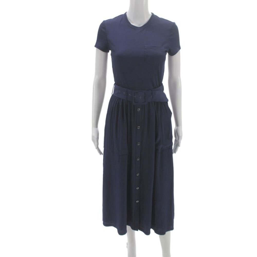 Ramy Brook Women Blue Shirt Dress Short Sleeve Button Crewneck Mid Calf Size XS